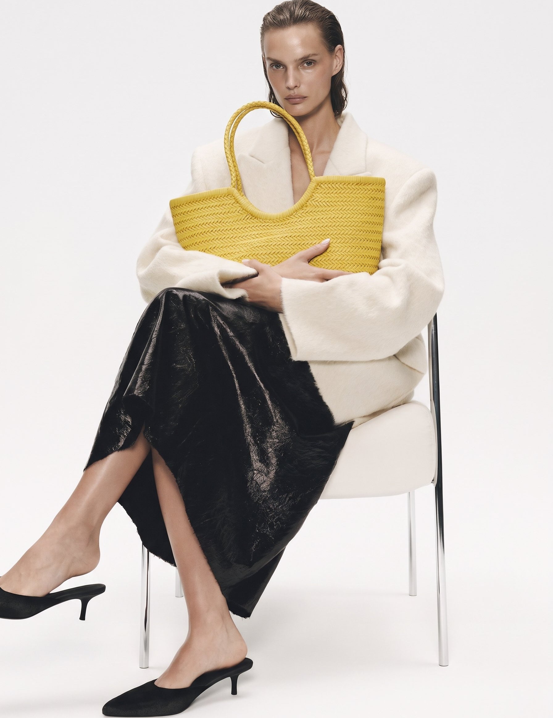 Borsa Paloma grande in cuoio lavato e intrecciato - Giallo | Da Simo
